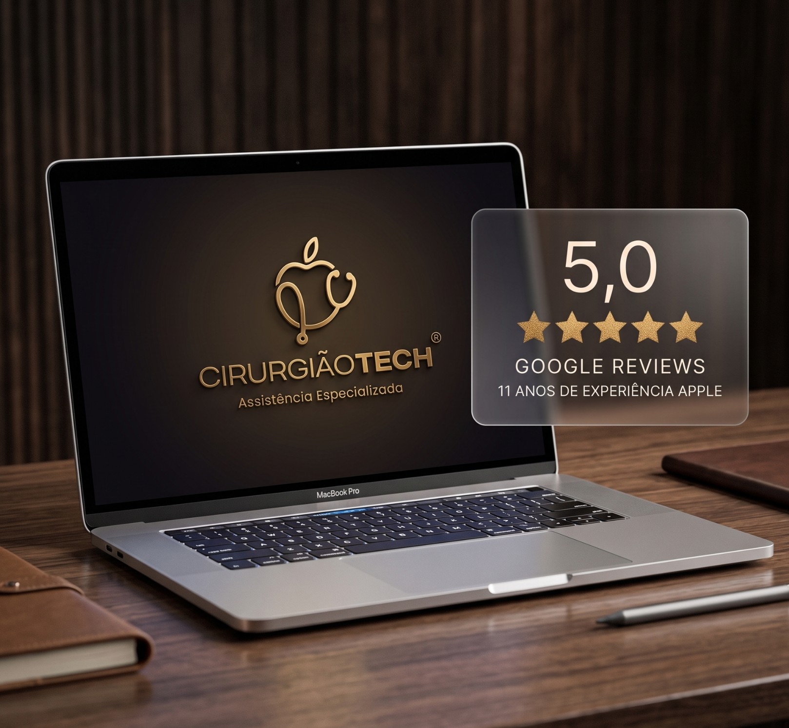 MacBook Pro com a logo Cirurgião Tech na tela e avaliação 5,0 no Google