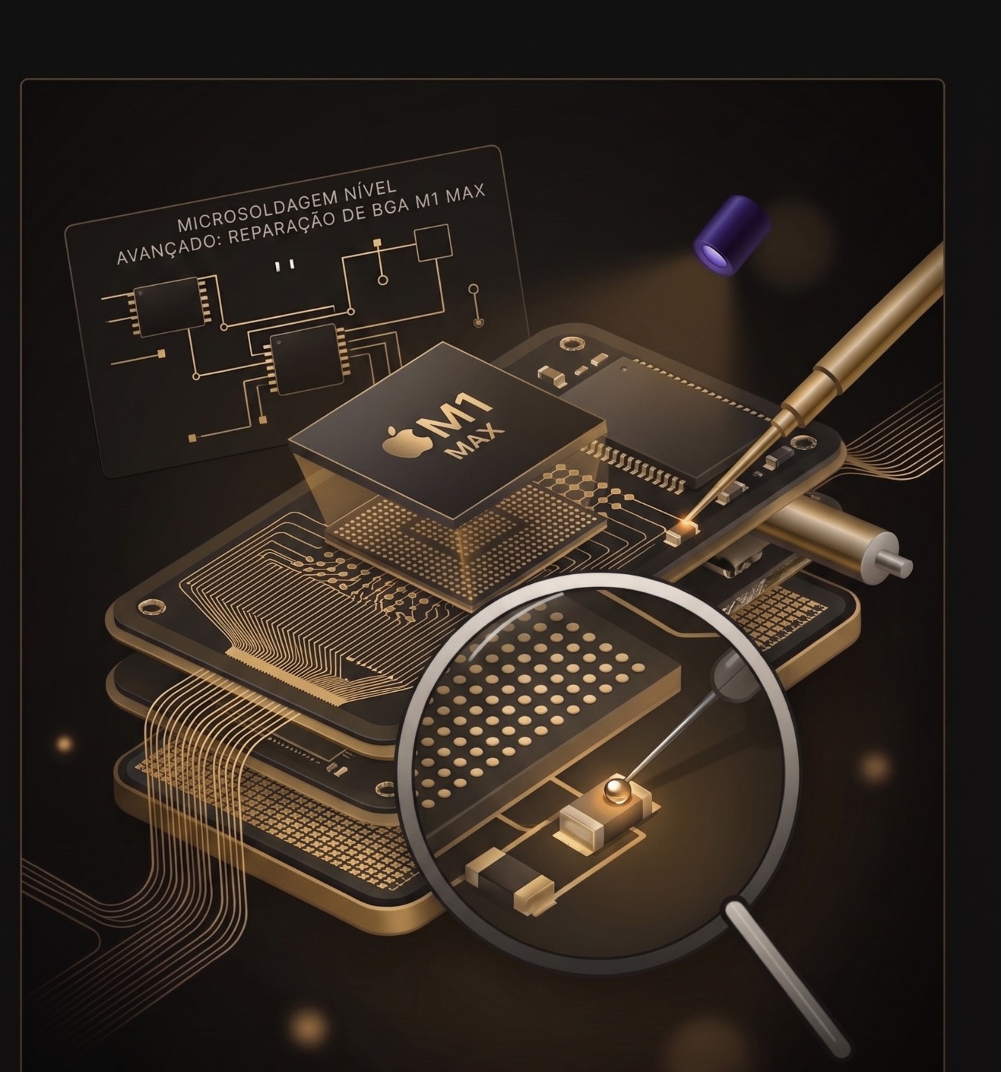 Microsoldagem nível avançado — reparação de BGA do chip M1 Max em placa-mãe de MacBook